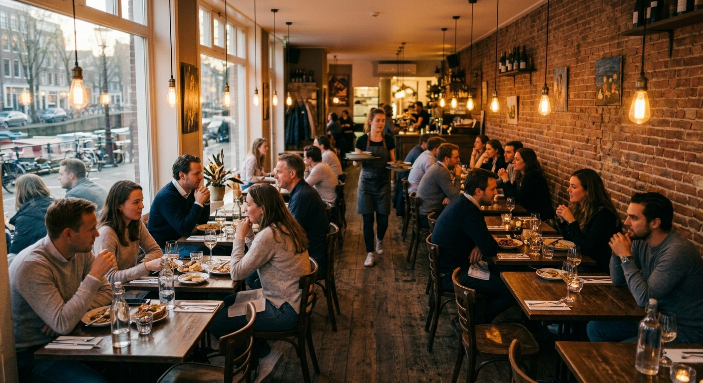 Busy Amsterdam canal-side bistro during evening service