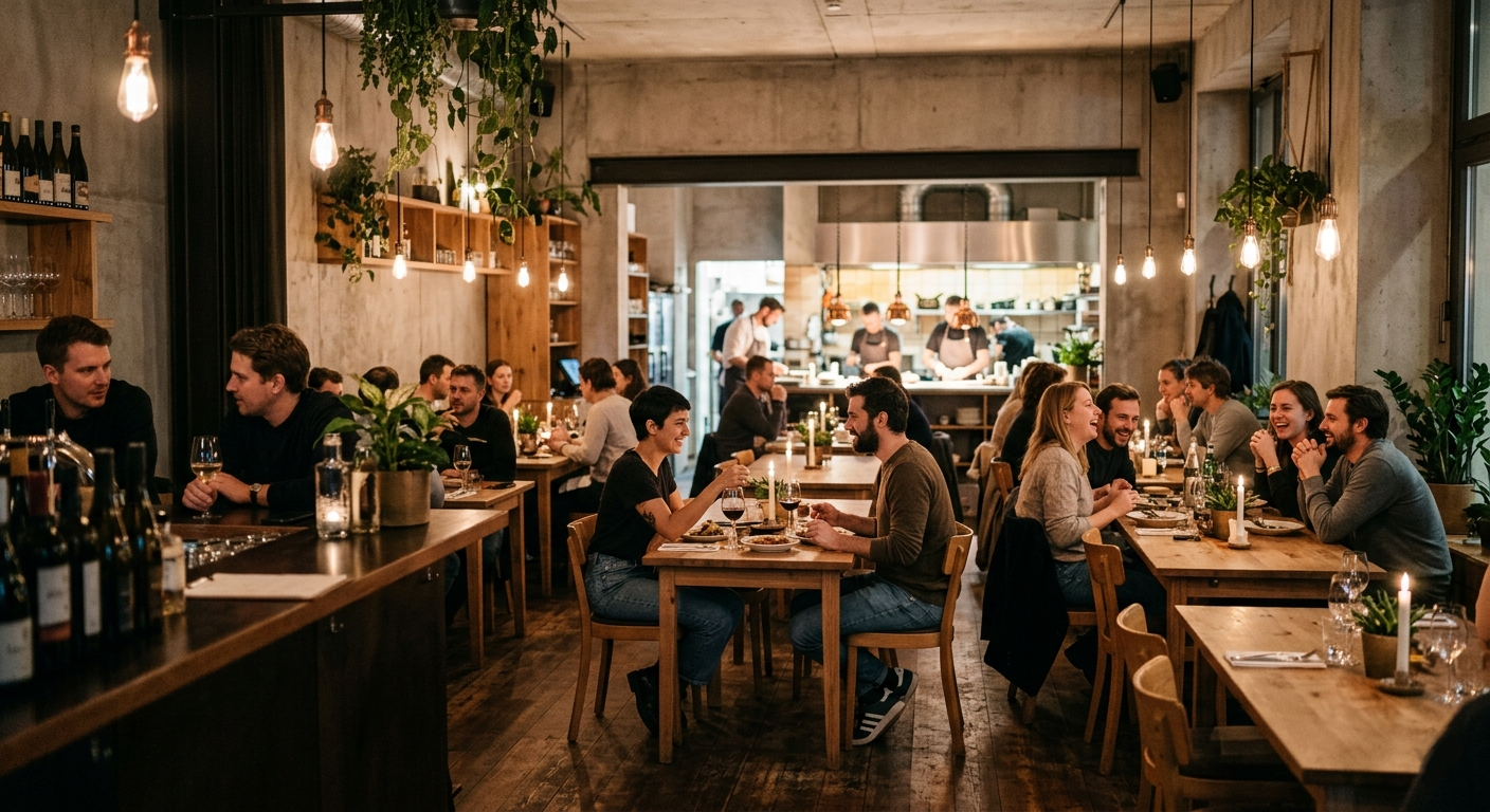 Modern Berlin restaurant during weekday evening service