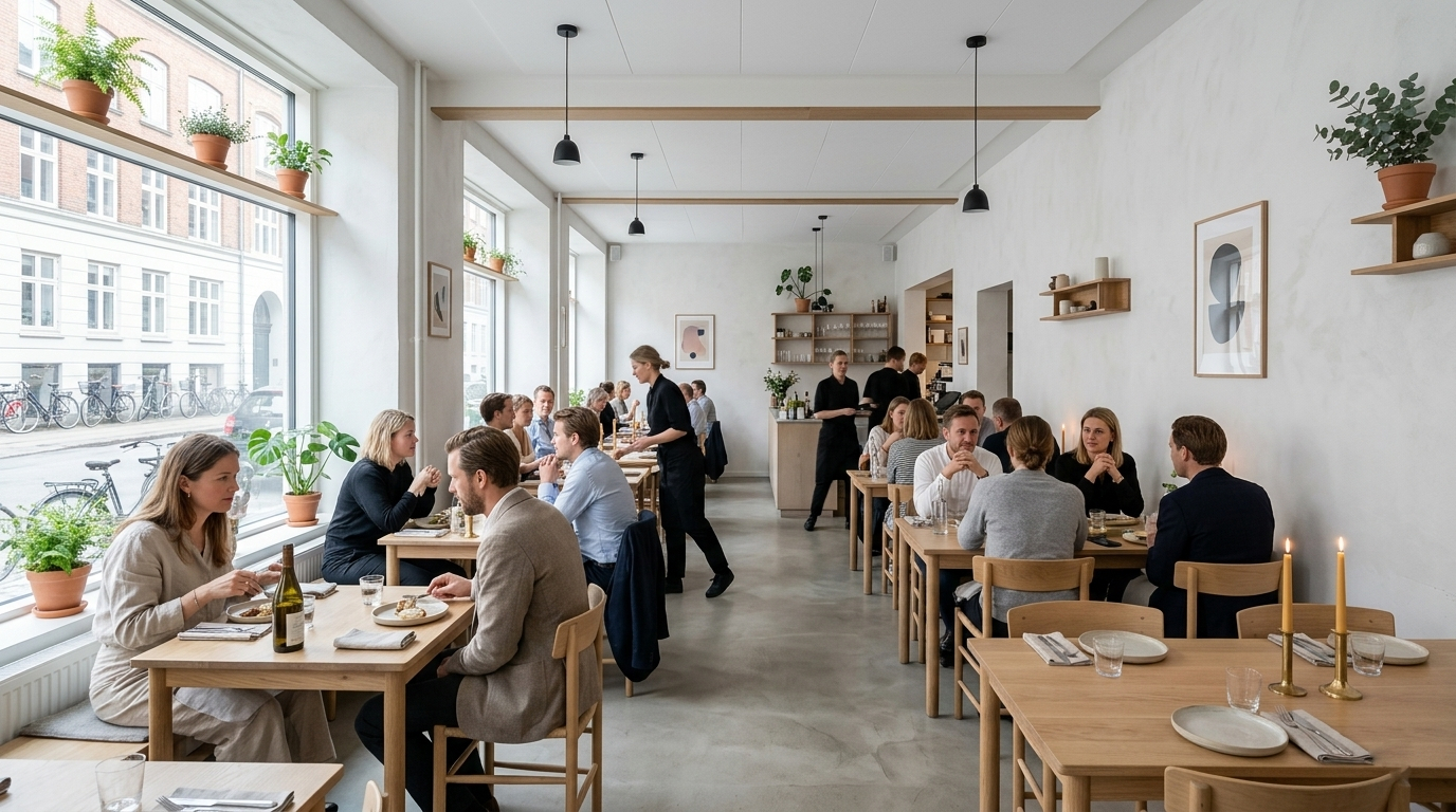 Minimalist Nordic bistro with natural wood and candlelight