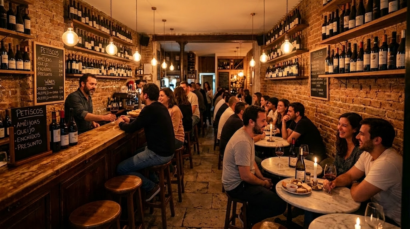 Cozy Lisbon wine bar with exposed brick and warm lighting