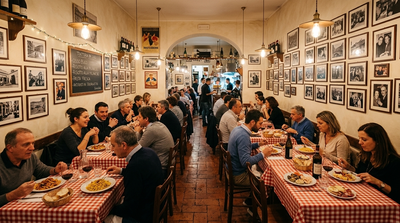 Traditional Italian trattoria with checkered tablecloths during dinner