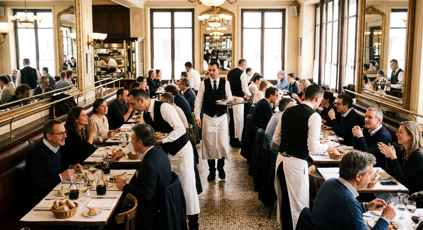 Parisian brasserie full of guests during lunch service